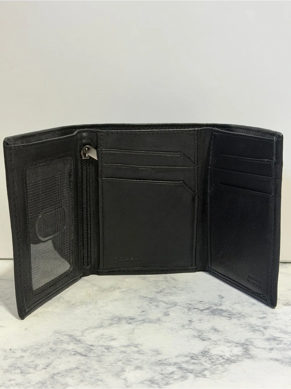 Fossil Evan zip black leather slim trifold men’s wallet